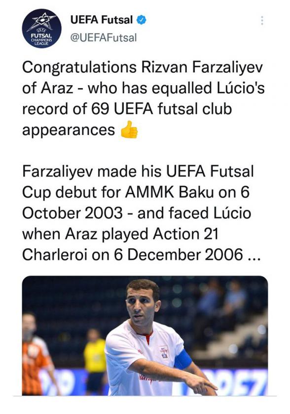 Rizvan Fərzəliyev Çempionlar Liqasının rekorduna şərik oldu