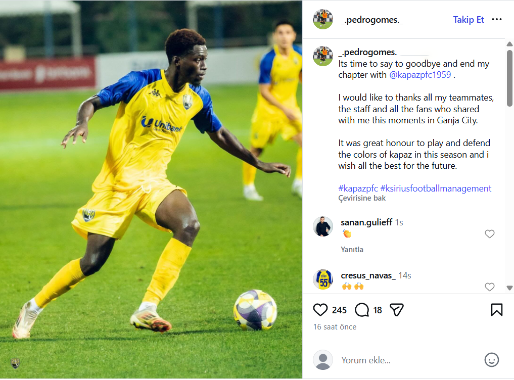 “Kəpəz”dən ayrılan futbolçu: “Bu formanı geyinmək mənim üçün şərəf idi”